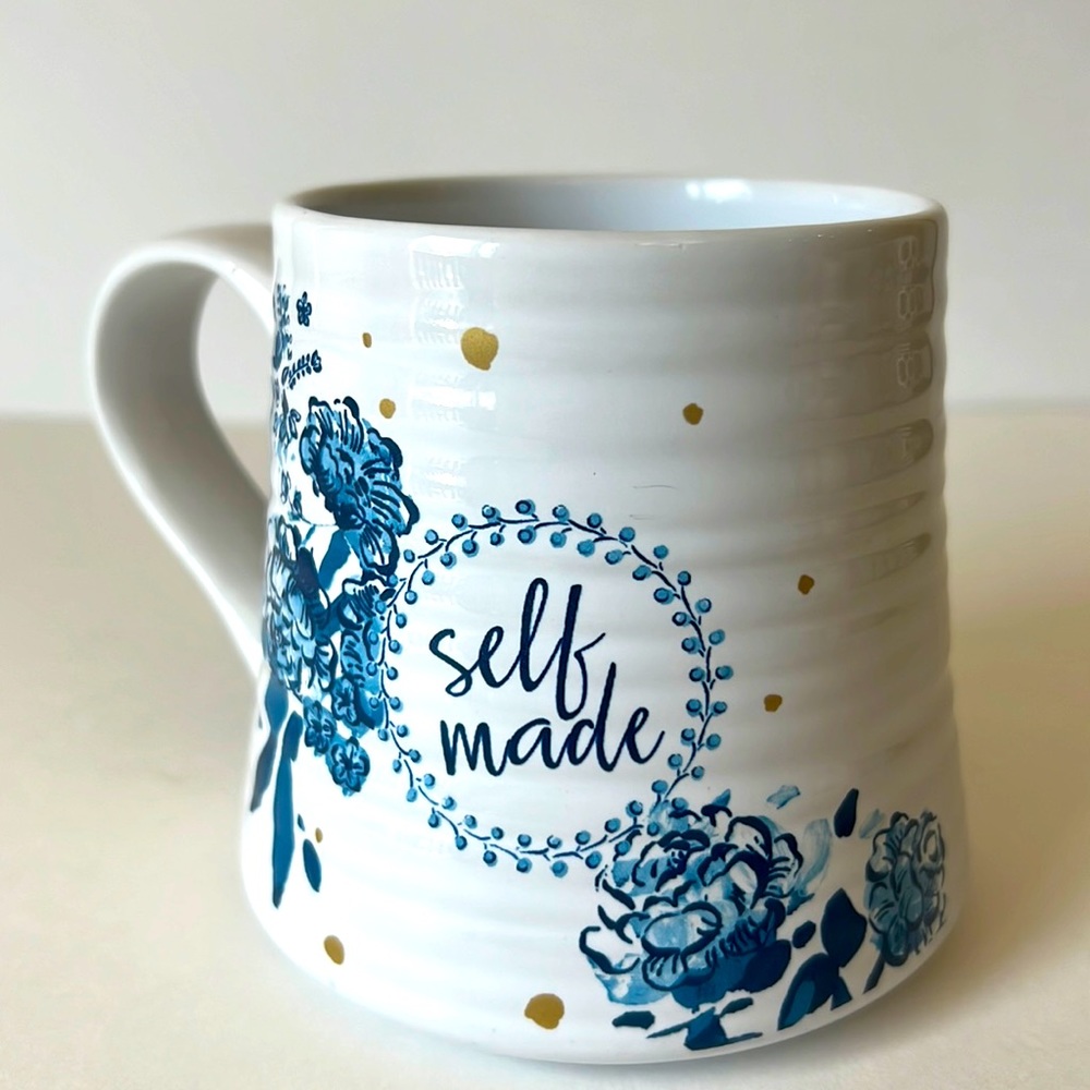 Patina Vie “Self Made” Blue/Gold Floral Ceramic Coffee Mug